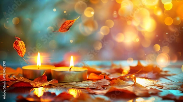 Fototapeta Autumn leaves and candles create a warm and inviting atmosphere for relaxation