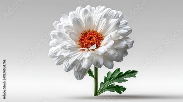 Obraz A single white chrysanthemum flower with a vibrant orange center on a plain background.