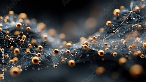 Obraz Abstract Network of Golden Spheres Connected by Thin Strands.