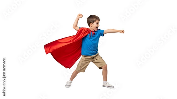 Obraz Young boy dressed as a superhero with a red cape isolated on transparent background