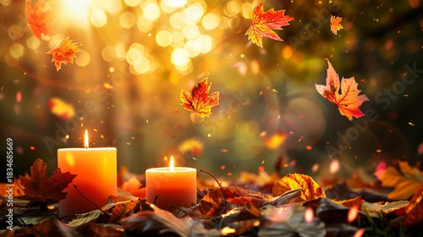 Fototapeta Cozy autumn scene with candles and falling leaves in warm light