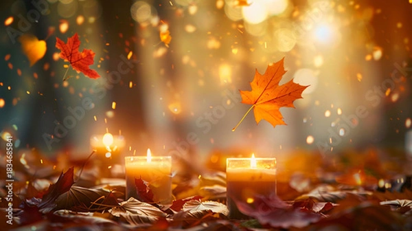 Fototapeta Autumn leaves falling on candles with warm light and bokeh background