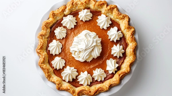 Fototapeta Overhead shot of a pumpkin pie with whipped cream isolated on white background