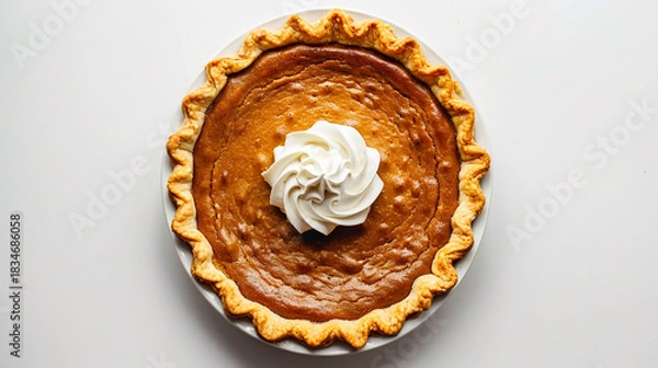 Fototapeta Overhead shot of a fresh pumpkin pie with whipped cream on white background