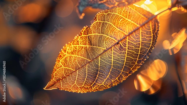 Fototapeta Closeup of a golden leaf with intricate veins illuminated by sunlight