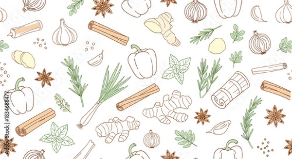 Obraz Seamless background pattern of various hand-drawn herbs and spices like rosemary, cinnamon, ginger, and garlic for a culinary theme.