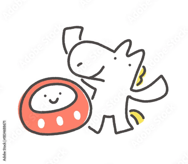 Obraz かわいい達磨の置物と万歳する白馬　正月素材