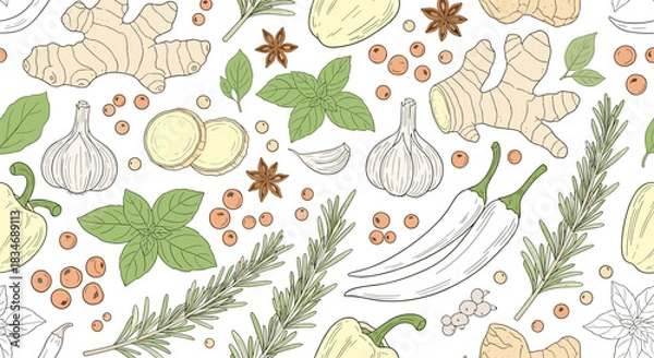Obraz Seamless background pattern with beautifully hand-drawn herbs and spices including ginger, garlic, chili peppers, and fresh rosemary.