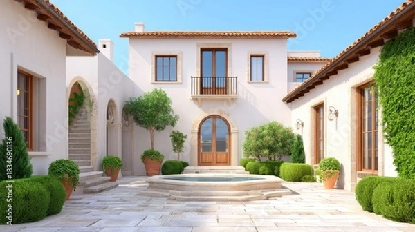 Fototapeta Serene Mediterranean Courtyard with Decorative Plants and Tranquil Water Feature Surrounded by Elegant Architecture and Blue Sky