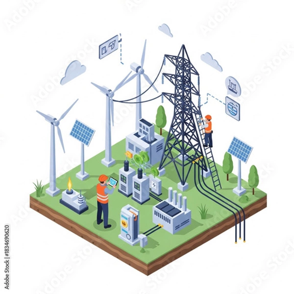 Fototapeta Renewable Energy and Power Grid Infrastructure Illustration