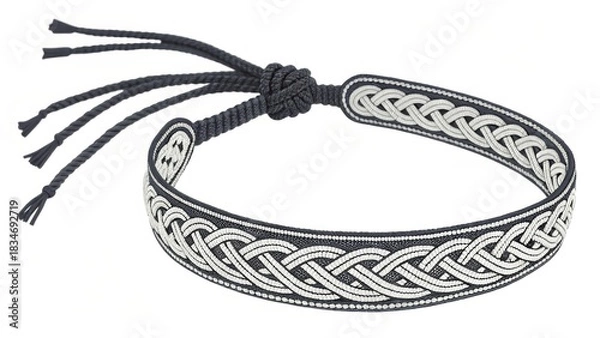 Obraz Nordic inspired bracelet with intricate silver braid pattern, black leather base, adjustable cord closure, and traditional Scandinavian design, perfect for casual or festive wear