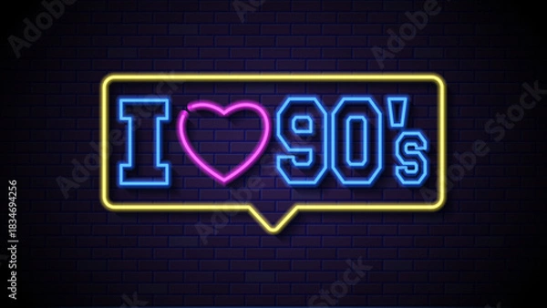 Fototapeta A neon sign reading i love 90s. Neon sign declaring love for 90s, great for nostalgic designs. Perfect for social media posts, websites, and retrothemed projects.