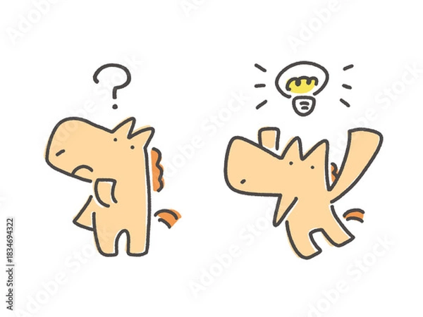 Obraz 考える馬と閃く馬キャラクターのセット　豆電球・クエスチョンマーク