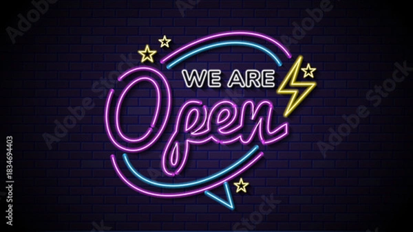 Fototapeta A neon sign reading we are open. Glowing neon sign declaring business is open, ideal for advertising signs, storefronts, and business marketing displays.
