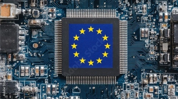 Obraz European Union flag on computer microchip representing technology and integration