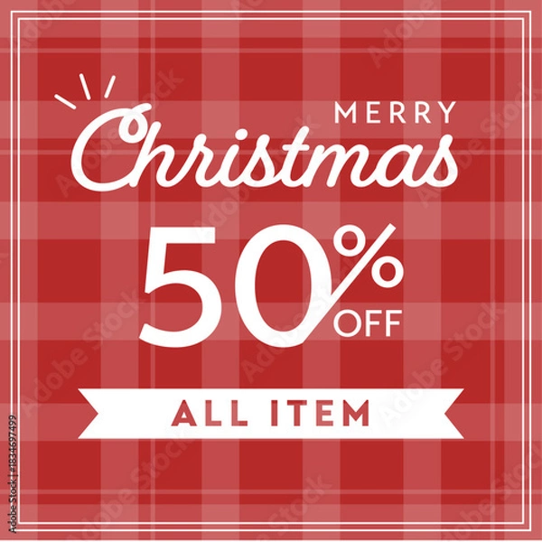 Obraz チェック柄のクリスマスセールバナー（赤×白・50%OFF・冬の販促デザイン）