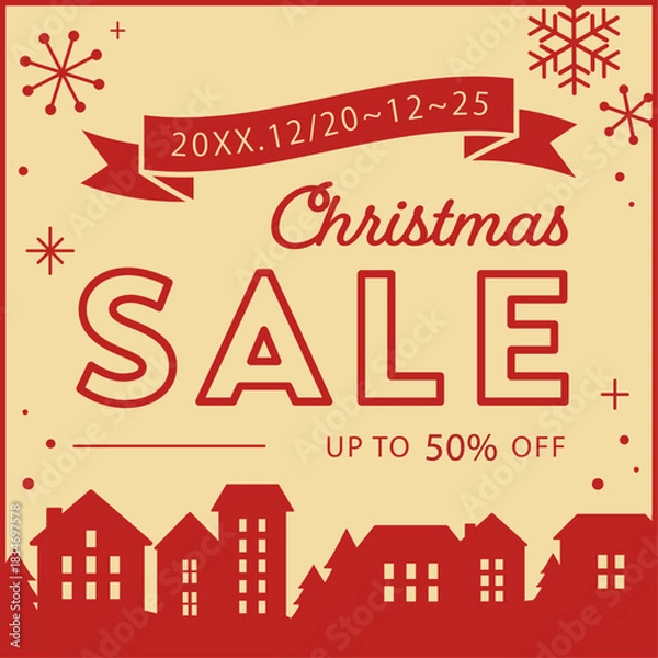 Obraz 街並みシルエットのクリスマスセールPOP（ベージュ×赤・冬の販促バナー）