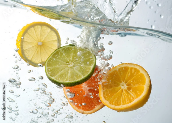 Fototapeta Citrus Symphony: A vibrant ensemble of citrus fruits, sliced and submerged in crystal-clear water, creating a refreshing splash. 
