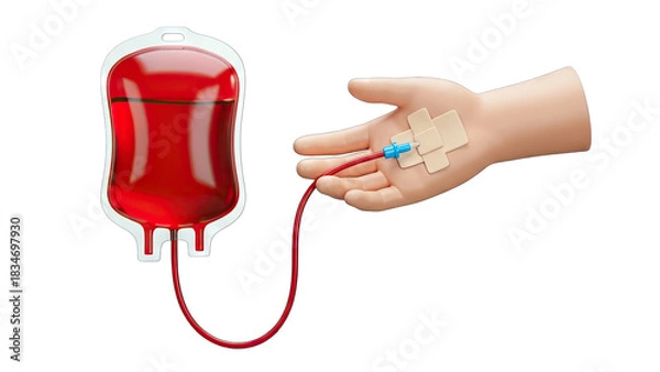 Fototapeta Close up of a red blood bag connected to a human hand with an IV drip inserted into the wrist isolated on a transparent background medical concept