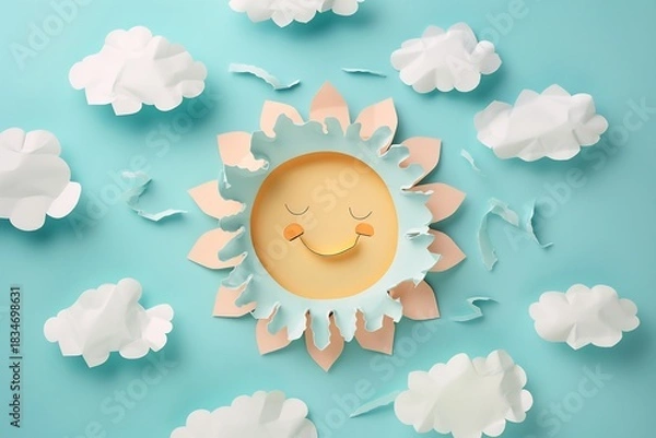 Fototapeta Whimsical paper sun with fluffy clouds on a blue background