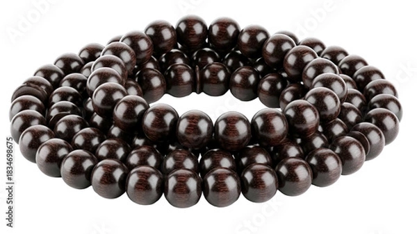 Fototapeta Dark Brown Wooden Beaded Necklace Arrangement On A White Background With Isolated Object And Studio Lighting
