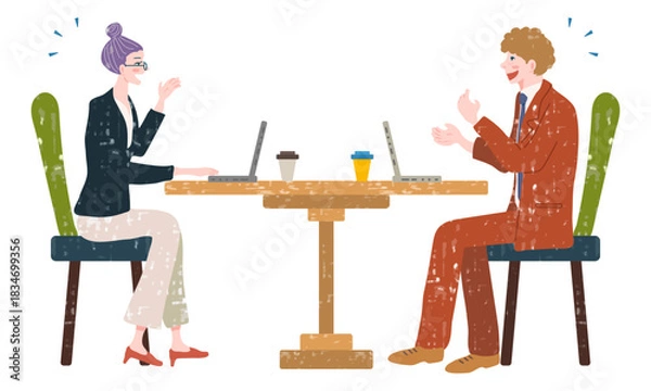 Fototapeta カフェでの打ち合わせとディスカッションをするビジネス男女（水彩風イラスト）