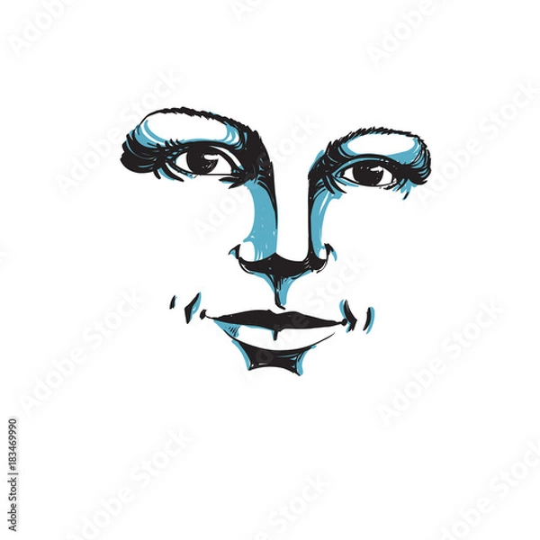 Fototapeta Monochrome hand-drawn silhouette of romantic woman face, delicate features. Face expression on lady face, vector illustration.