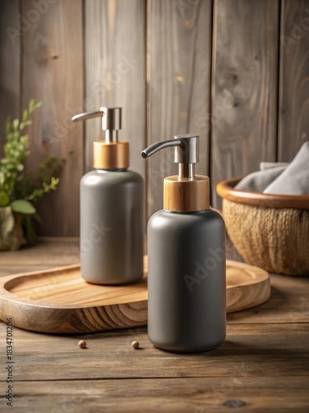 Obraz Two gray bottles with light brown wooden pump dispensers on a rustic table in a bathroom setting