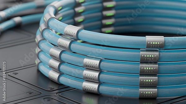 Fototapeta Blue Fiber Optic Cables with Active Connectors in High-Tech Data Center Infrastructure