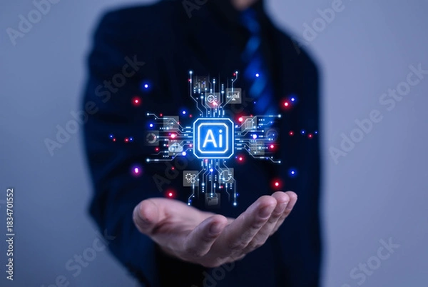 Fototapeta Glowing AI interface icon for business professionals with futuristic digital elements, representing innovation, machine learning, technology solutions, automation, modern data applications.  