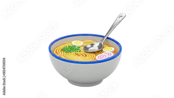 Fototapeta Delicious Ramen Noodle Soup with Sliced Fish Cake Boiled Egg and Green Onions in a White Bowl with Blue Trim and a Spoon Against a Transparent Background Detailed Food Illustration