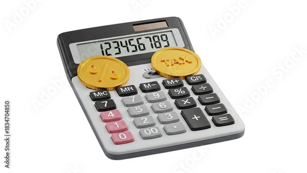 Fototapeta Digital Calculator With Gold Coins Displaying Tax Symbol And Percentage On Black Background