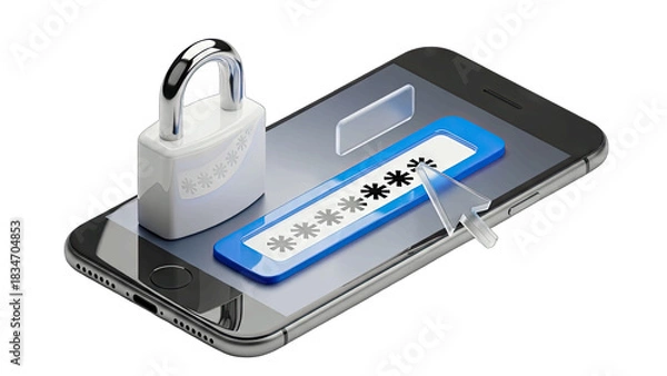 Fototapeta Digital Security Concept Smartphone with Padlock and Password Entry Screen Isolated on White with Clipping Path and Mouse Cursor Icon Highlighting Access Control and Data Protection