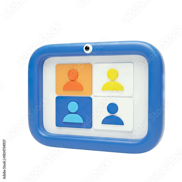 Fototapeta Digital Tablet Displaying a Video Call with Four Participants in Distinct Colored Squares Isolated on a White Background Highlighting Remote Communication