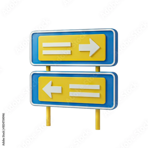 Fototapeta Directional Road Sign with Yellow Signs Indicating Left and Right Choices on a Transparent Background with Blue Borders and White Arrows