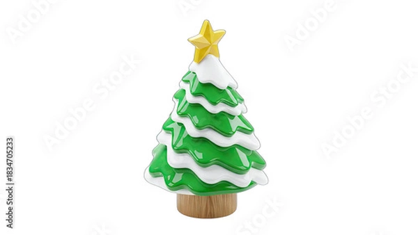 Fototapeta Festive Christmas Tree Decoration with a Golden Star Topper Covered in White Snow Isolated on a Transparent Background