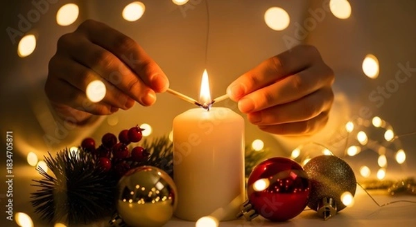 Fototapeta Hands light a white candle with a match, surrounded by Christmas ornaments and warm fairy lights.