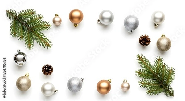 Fototapeta Christmas decoration with fir branches, pine cones, and silver and gold ornaments arranged on a white background.