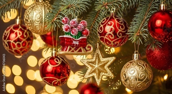 Fototapeta Christmas tree branch adorned with red and gold ornaments and a sleigh decoration, with warm bokeh lights in the background.