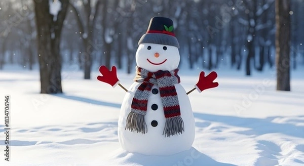Fototapeta A cheerful snowman stands in a snowy landscape, adorned with a scarf, hat, and mittens.