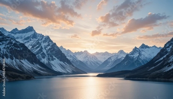 Fototapeta Snow-capped mountains rise boldly above shimmering alpine lakes, reflecting a sky painted with delicate hues of dawn