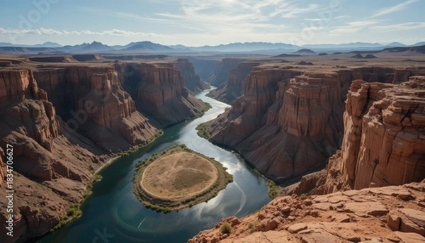 Fototapeta Beneath the huge, cloudless desert sky, a meandering river catches glimmers of light as it cuts through the steep canyon walls.