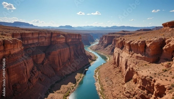 Fototapeta A winding river carves through rugged canyon walls, catching glimmers of light beneath the vast, cloudless desert sky.