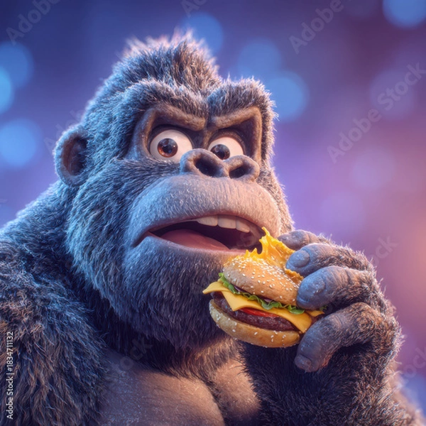 Fototapeta Gorilla eating cheeseburger with lettuce and tomato colorful light