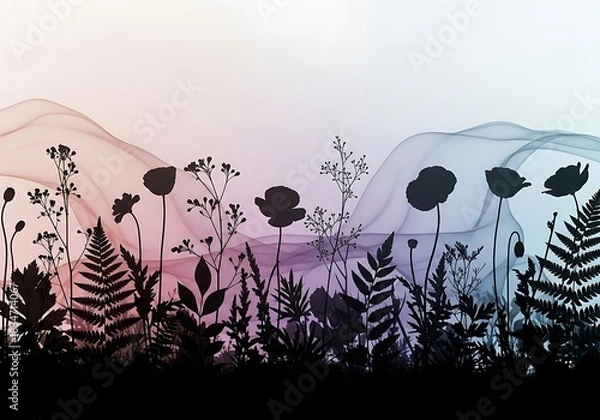 Fototapeta Floral silhouettes against soft gradient with smooth, abstract shapes