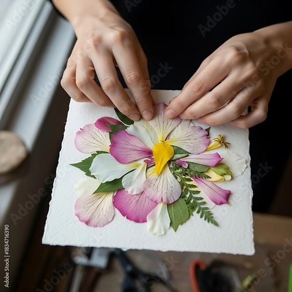 Fototapeta Hands creating botanical art with pressed petals and foliage arrangement
