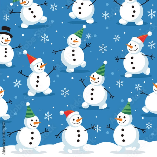 Obraz Seamless pattern of cute snowmen wearing various festive hats and dancing among snowflakes on a blue winter background, perfect for holiday designs.