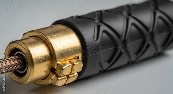 Fototapeta Macro Shot of Audio Cable Connector with Golden Metal and Black Grip