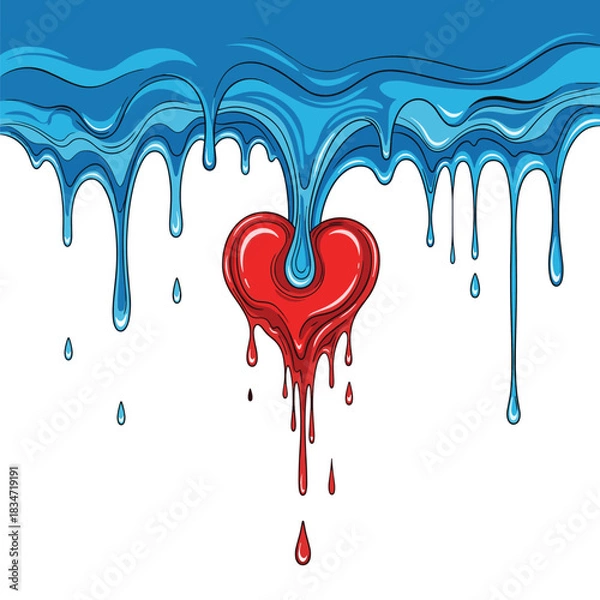 Obraz Vibrant illustration of blue liquid flowing into a stylized red heart, with red drips falling below, symbolizing emotional depth and pain.