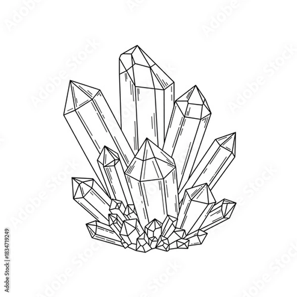 Obraz Hand-drawn outline illustration of a cluster of multifaceted quartz crystals, perfect for mystical and healing themes.